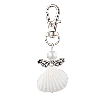 Angel Spiral Shell Pendant Decooration, Glass Pearl Round Bead & Alloy Swivel Lobster Claw Clasps Charms for Bag Ornaments, Wing, 66mm