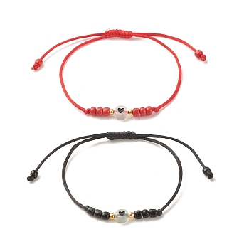 2Pcs Flat Round with Heart Acrylic Braided Bead Bracelets Set with Glass Seed, Luminous Beaded Stackable Adjustable Bracelets for Women, Red & Black, Inner Diameter: 2~3-3/8 inch(5~8.7cm)