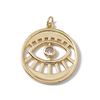 Brass with Clear Cubic Zirconia Pendants, with Jump Ring, Cadmium Free & Nickel Free & Lead Free, Rack Plating, Flat Round with Eye Pattern, Real 18K Gold Plated, 27.5x25x3mm, Hole: 3mm