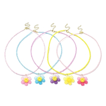 Acrylic Flower Pendant Necklace with Glass Beaded Chains, Mixed Color, 15.87 inch(40.3cm)