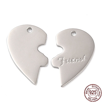 Rhodium Plated 925 Sterling Silver Pendants, Half Heart with Word Friend Charm, for BFF Jewelry Making, Real Platinum Plated, 21x13x1mm, Hole: 1.5mm