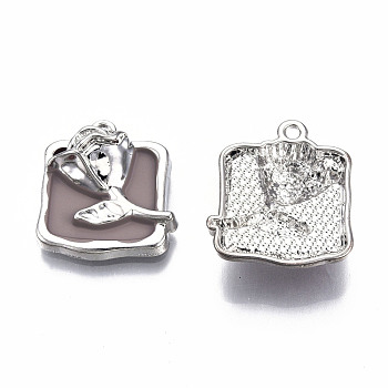 Rack Plating Alloy Enamel Pendants, Cadmium Free & Lead Free, Platinum, Rectangle with Rose, Rosy Brown, 21.5x19x6mm, Hole: 1.6mm