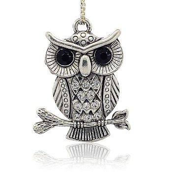 Tibetan Style Alloy Rhinestone Bird Pendants, with Resin Cabochons, Owl for Halloween, Antique Silver, Crystal, 48x37x4mm, Hole: 4mm