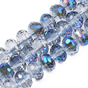 Electroplate Transparent Glass Beads Strands, Faceted, Rondelle, Medium Blue, 10x7.5mm, Hole: 1.4mm, about 70pcs/strand, 20.87 inch(53cm)
