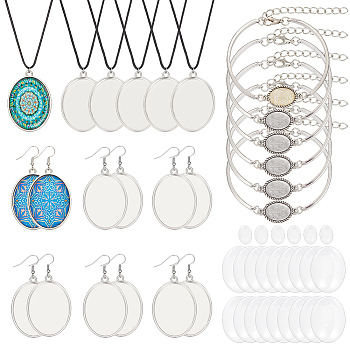 DIY Blank Oval Alloy Jewelry Set Making Kits, Pendant Necklace & Dangle Earrings & Link Bracelet, Antique Silver & Platinum, 65~450mm