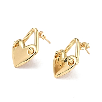 Brass Heart Padlock Stud Earrings for Women, Real 18K Gold Plated, 22x17.5mm, Pin: 0.8mm