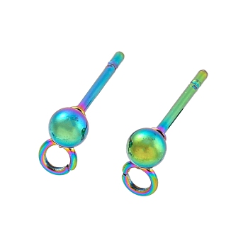 Ion Plating(IP) 304 Stainless Steel Stud Earring Findings, Round, Rainbow Color, 13x3x3mm, Hole: 1.6mm, Pin: 10x0.8mm