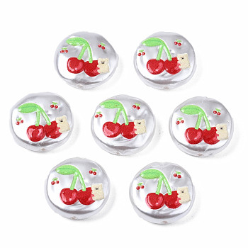 3D Printed ABS Plastic Imitation Pearl Beads, Flat Round with Cherry, Red, 16x5mm, Hole: 0.9mm
