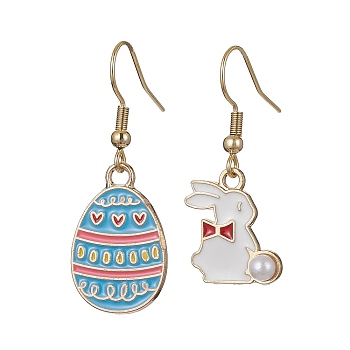Easter Themed Alloy Enamel Dangle Earrings, Rabbit & Egg Asymmetrical Earrings, Light Sky Blue, 33~38x14~15mm