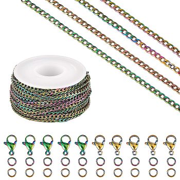 DIY Chain Jewelry Set Making Kit, Including Rainbow Color Ion Plating(IP) 304 Stainless Steel 5M Faceted Curb Chains & 10Pcs Clasps & 20Pcs Jump Rings, 1Pc Plastic Spool, Rainbow Color, Faceted Curb Chains: 4x3x1mm