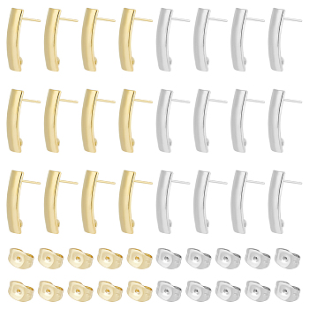 60Pcs 2 Colors 304 Stainless Steel Stud Earring Findings, with Vertical Loops, Rectangle, with 60Pcs Ear Nuts, Golden & Stainless Steel Color, 21x6mm, Hole: 2.4mm, Pin: 0.7mm, 30Pcs/color