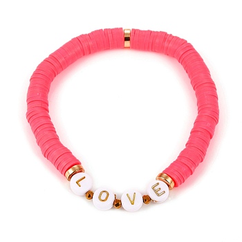 Handmade Polymer Clay Heishi Beads Stretch Bracelets, for Valentine's Day, with Brass Spacer Beads, Glass Beads and Plating Acrylic Beads, Word Love, Cerise, Inner Diameter: 2-1/8 inch(5.5cm)