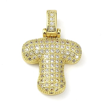 Brass Micro Pave Clear Cubic Zirconia Pendants, Real 18K Gold Plated, Letter T, 29mm, Hole: 4.8x3.5mm, Pendant: 23x19.5x5mm