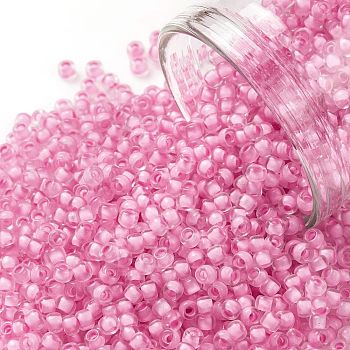 TOHO Round Seed Beads, Japanese Seed Beads, (969) Inside Color Crystal/Neon Carnation Lined, 11/0, 2.2mm, Hole: 0.8mm, about 3000pcs/10g