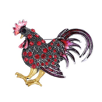 Rhinestone Rooster Brooch Pin, Chinese Zodiac Alloy Badge for Backpack Clothes, FireBrick, 65x50mm