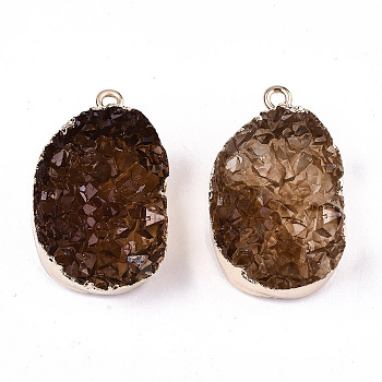 Druzy Resin Pendants, with Edge Light Gold Plated Iron Loops, Oval, Coconut Brown, 30x19x13~14mm, Hole: 1.8mm