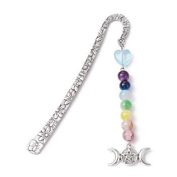 Flower Pattern Alloy Hook Bookmarks, Round & Heart Glass Beaded Bookmark with Charm, Moon, 124mm, Pendant: 90~29.5x8.5mm
