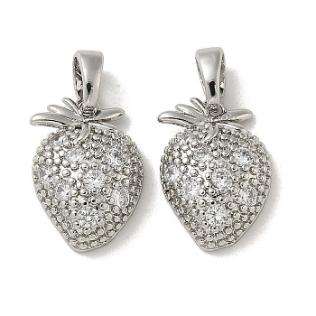 Brass Micro Pave Cubic Zirconia Pendents, Strawberry Charms, Platinum, 15x10.5x4.5mm, Hole: 4mm