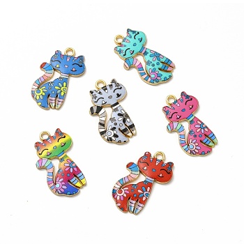 Printed Alloy Pendants, Lead Free & Cadmium Free & Nickel Free, Cat Charm, Golden, Mixed Color, 26x17x2mm, Hole: 2mm