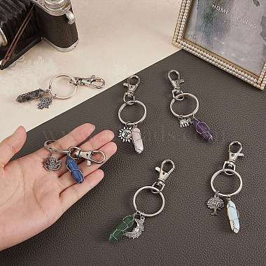 6Pcs 6 Style Natural & Synthetic Gemstone Copper Wire Wrapped Keychains(KEYC-SZ0001-13)-5