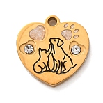 304 Stainless Steel Pendants, Heart & Dog Charms, with Enamel & Rhinestone, Glitter Powder, Golden, 13x13x2.5mm, Hole: 1.5mm(STAS-K329-12G)