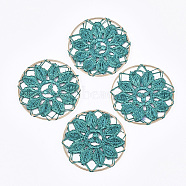 Polycotton(Polyester Cotton) Woven Pendant Decorations, with Brass Findings, Flat Round with Flower, Light Gold, Light Sea Green, 35x1mm(X-FIND-Q078-12C)