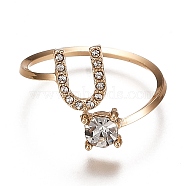 Alloy Cuff Rings, Open Rings, with Crystal Rhinestone, Golden, Letter.U, US Size 7 1/4(17.5mm)(RJEW-I075-01G-U)