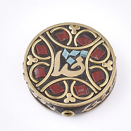 Handmade Indonesia Beads, with Brass Findings, Flat Round, Golden, Red, 30x28~29x7.5~8mm, Hole: 2mm(IPDL-S053-151)