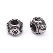 304 Stainless Steel European Beads, Large Hole Beads, Rondelle with Flower, Antique Silver, 8.5x11~11.5mm, Hole: 5.5mm(STAS-G220-34AS)