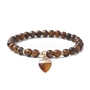 Natural Tiger Eye Round Beaded Stretch Bracelets, with Heart Charms, Inner Diameter: 2-1/8~2-1/4 inch(5.4~5.6cm)(BJEW-JB09727-04)