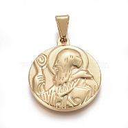 304 Stainless Steel Pendants, Flat Round with Saint Benedict Medal, Golden, 29x25x3mm, Hole: 9x4mm(STAS-G195-10G)