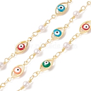 Brass Horse Eye Link Chains, with CCB Imitation Pearl & Glass Beads, Soldered, with Spools, Cadmium Free & Lead Free, Real 18K Gold Plated, Colorful, 16x6x3mm, 12x4mm(CHC-P009-20G)