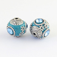 Handmade Indonesia Round Beads, with Glass Cabochons and Antique Silver Metal Color Double Alloy Cores, Dark Turquoise, 14~15x15~16mm, Hole: 2mm(IPDL-R400-07)