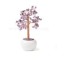 Natural Amethyst Chips with Brass Wrapped Wire Money Tree on Ceramic Vase Display Decorations, for Home Office Decor Good Luck, 120x50.5x190mm(DJEW-B007-02B)