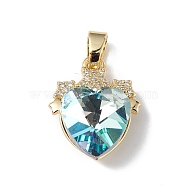 Real 18K Gold Plated Rack Plating Brass Micro Pave Clear Cubic Zirconia Pendants, with Glass, Long-Lasting Plated, Cadmium Free & Lead Free, Heart with Star Charm, Turquoise, 19.5x15.5x8mm, Hole: 6x3mm(KK-C015-08G-07)