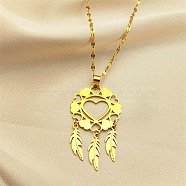 Woven Net/Web with Feather 304 Stainless Steel Pendant Necklaces for Women, Golden, 15.98 inch(40.6cm)(NJEW-G087-01G)