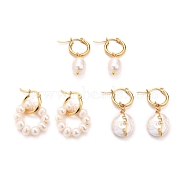 304 Stainless Steel Hoop Earrings Sets, with Natural Cultured Freshwater Pearl Beads, Flat Round & Ring & Oval, Golden, White, 32~40mm, Pin: 0.7x1mm, 3pairs/set(EJEW-JE04325-M)