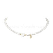 Brass Micro Pave Grade AAA Cubic Zirconia Letter Pendant Necklaces, Heart & Round Baking Painted Pearlized Glass Pearl Beaded Necklaces for Women, Letter V, 15.20 inch(38.6cm)(NJEW-JN04771-22)
