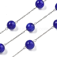 304 Stainless Steel with Glass Cat Eye Link Chains, Soldered, with Spool, Round, Dark Blue, 13x7.5mm(CHS-G038-08P-07)