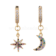 Star and Moon Asymmetrical Dangle Hoop Earrings, with Brass Cubic Zirconia Charms & Real Gold Plate Earring Hoops and Jewelry Box, Golden, 32mm and 32.5mm, Pin: 0.8mm, 2pcs/set(EJEW-JE04031-01)