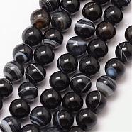 Natural Striped Agate/Banded Agate Bead Strands, Round, Grade A, Dyed & Heated, Black, 10mm, Hole: 1mm, about 37pcs/strand, 15 inch(G-K166-13-10mm-05)