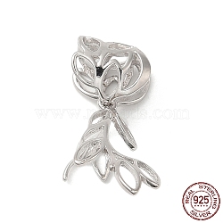 Rhodium Plated 925 Sterling Silver Ice Pick Pinch Bails, Leaf, Real Platinum Plated, 26x9.5mm, Hole: 7x5mm, Pin: 0.9mm(STER-NH0001-23P)