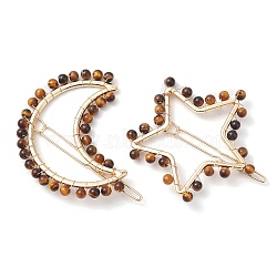2Pcs Moon & Star Alloy with Natural Tiger Eye Hollow Hair Barrettes, Ponytail Holder Statement for Girls Women, Moon: 61x66x4~5mm, Star: 52.5~54x60x4~4.5mm(PHAR-JH00105-04)