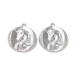 Brass Micro Pave Clear Cubic Zirconia Pendants, Cadmium Free & Nickel Free & Lead Free, Flat Round with Unicorn Pattern, Real Platinum Plated, 18x16.5x2.5mm, Hole: 1.4mm(KK-G481-05P)