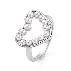 Plastic Pearl Hollow Out Heart Adjustable Ring, Brass Jewelry for Women, Lead Free & Cadmium Free, Platinum, Inner Diameter: 17mm(RJEW-L100-012P)