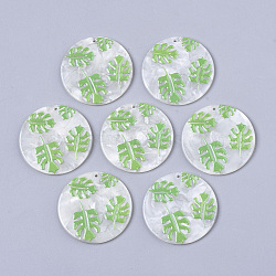 Cellulose Acetate(Resin) Pendants, Tropical Leaf Charms, 3D Printed, Flat Round, Monstera Leaf Pattern, Lime Green, 39x2.5mm, Hole: 1.6mm(KY-S163-019A)