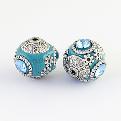 Handmade Indonesia Round Beads, with Glass Cabochons and Antique Silver Metal Color Double Alloy Cores, Dark Turquoise, 14~15x15~16mm, Hole: 2mm(IPDL-R400-07)