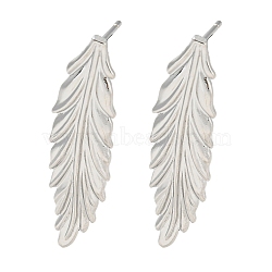 Brass Stud Earrings, Feather, Platinum, 33x8mm(EJEW-K264-07P)