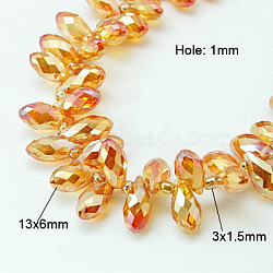 Electroplate Glass Faceted Teardrop Beads Strands, Top Drilled Beads, AB Color Plated, Orange, 11.5~13x6mm, Hole: 1mm, about 92~95pcs/strand, 16.5 inch(EGLA-D014-29)