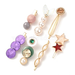 Imitation Pearl Iron Alligator Hair Clips Sets, with Acrylic and Resin, Mixed Shapes, Medium Orchid, 46~76x10~30x8~17mm, 7pcs/set(PHAR-P005-04)